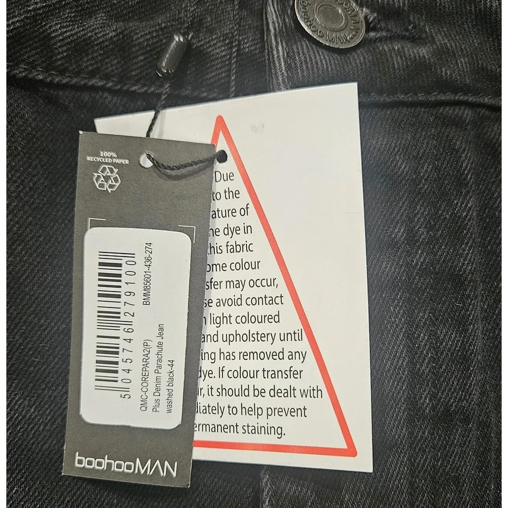 boohooMAN Parachute Jean Mens 44 Washed Black NWT Baggy Wide Leg Bungee Hem